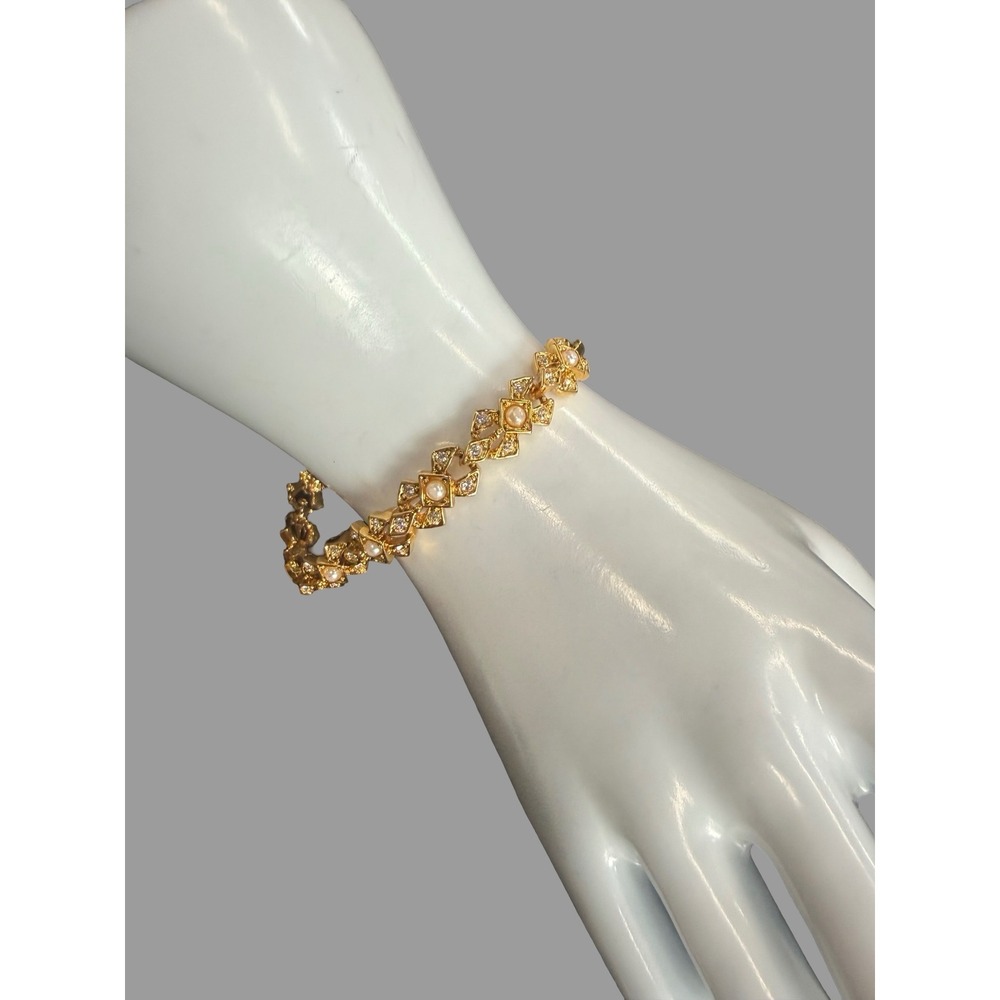 Napier Vintage Gold-Tone Bracelet with Faux Pearls & Crystal Accents | Signed